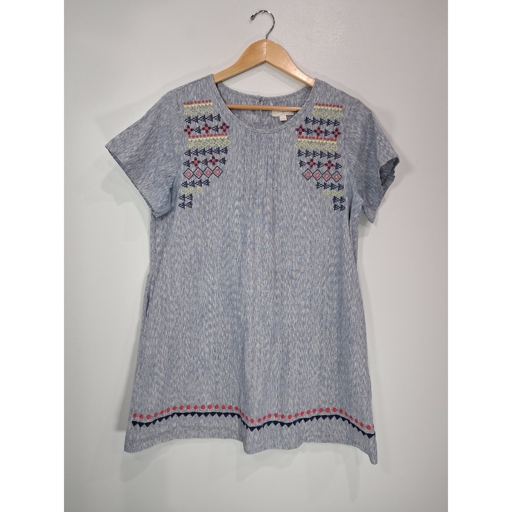Umgee Blue Embroidered Boho Tunic Dress Pockets Short Sleeve A1433 Large